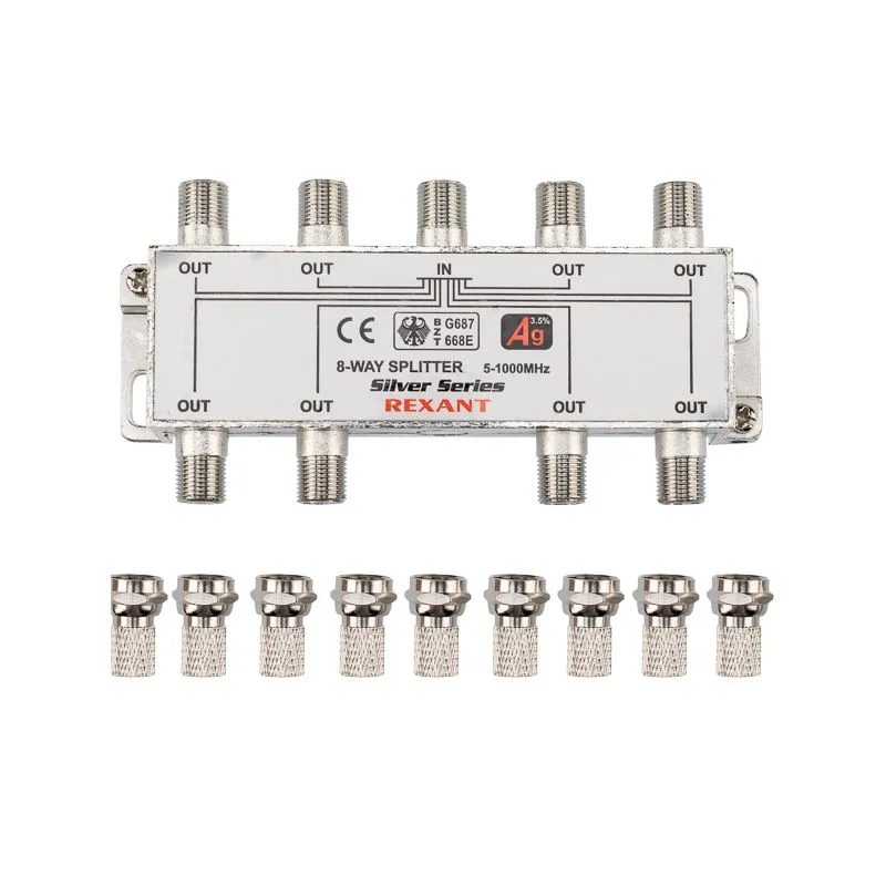 Делитель ТВх8 под F-разъем, 5-1000МГц, Silver (9 F-разъемов в комплекте) REXANT - Фото 4