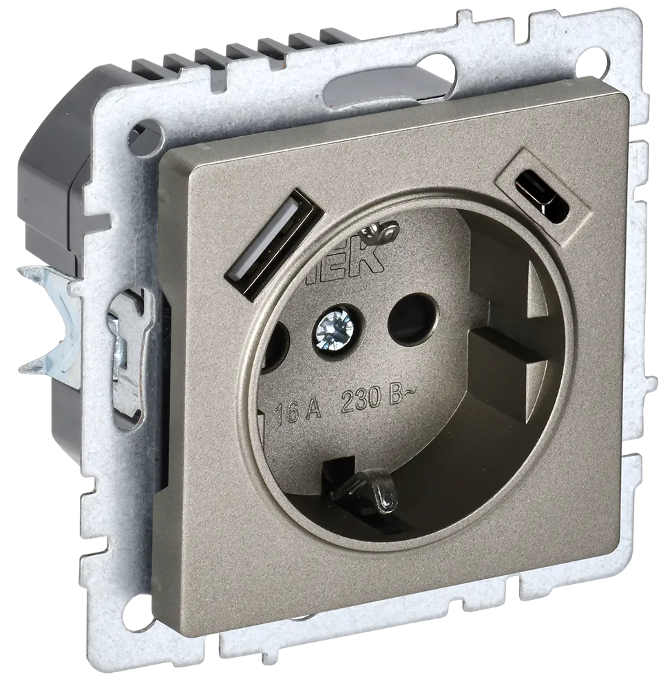 BRITE Розетка 1-местная с заземлением с защитными шторками 16А с USB A+C 18Вт РЮш11-1-БрШ шампань IEK