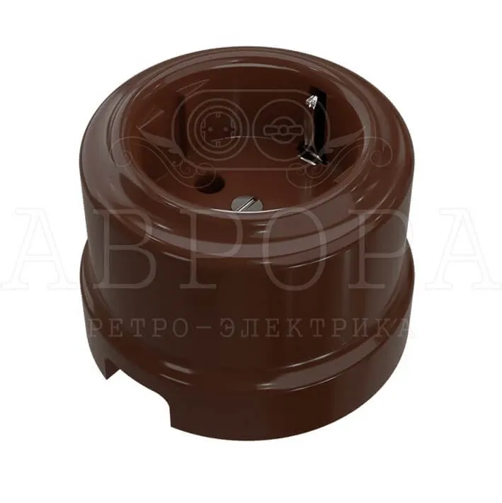 Розетка ретро с заземляющим контактом, цвет - коричневый