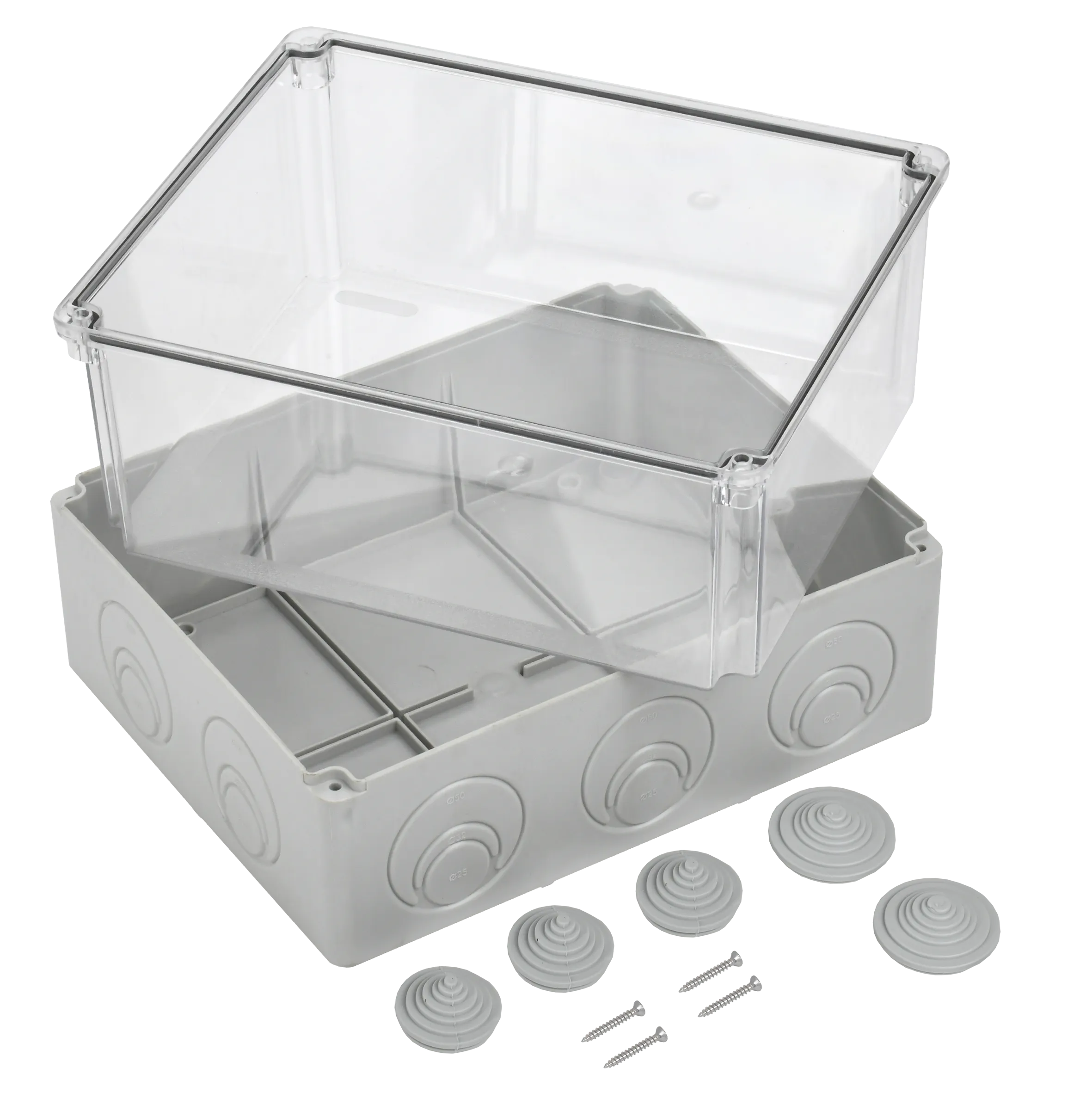 Коробка распаячная КМ41278 для открытой проводки безгалогенная (HF) 240х195х165мм с прозрачной крышкой IP55 5 вводов RAL 7035 IEK - Фото 3