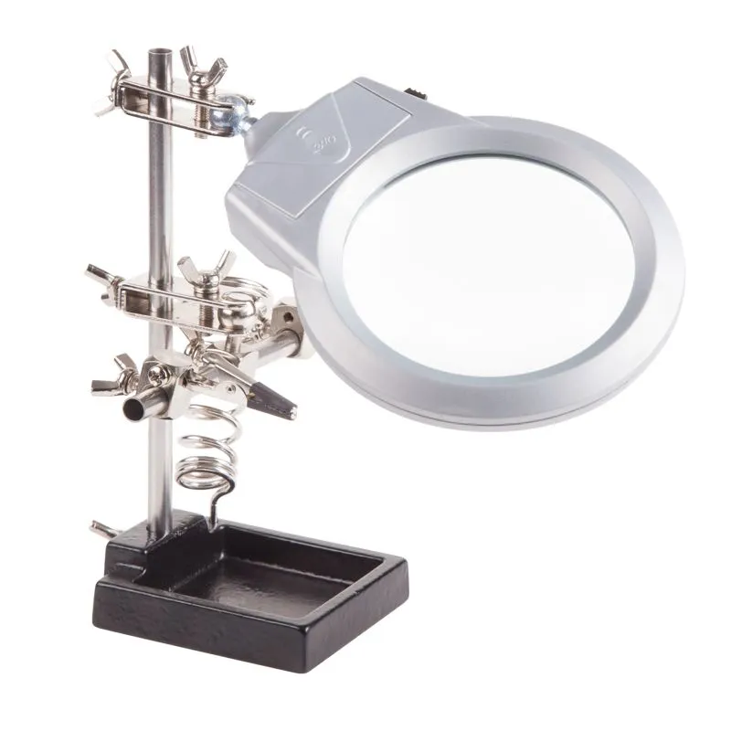 Держатель Третья рука, 2 зажима, лупа 85мм (2.5х), подставка паяльника, LED подсветка, чугун REXANT 12-0253