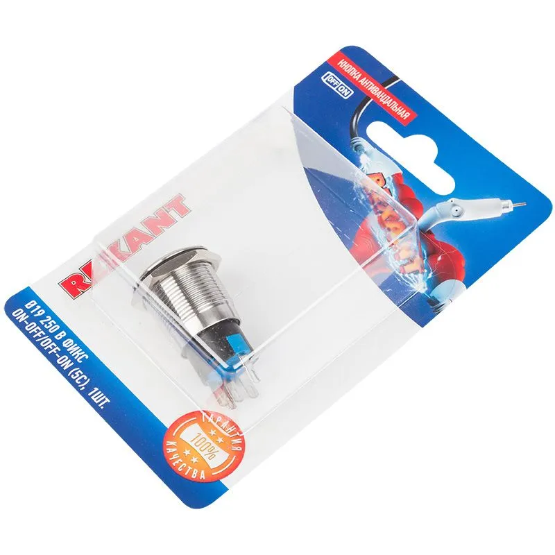 Кнопка  антивандальная Ø19 250В Фикс (5с) ON-OFF/OFF-ON подсв/зеленая  REXANT (в упак. 1шт.) - Фото 2