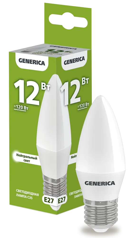 Лампа светодиодная C35 свеча 12Вт 230В 4000К E27 GENERICA LL-C35-12-230-40-E27-G