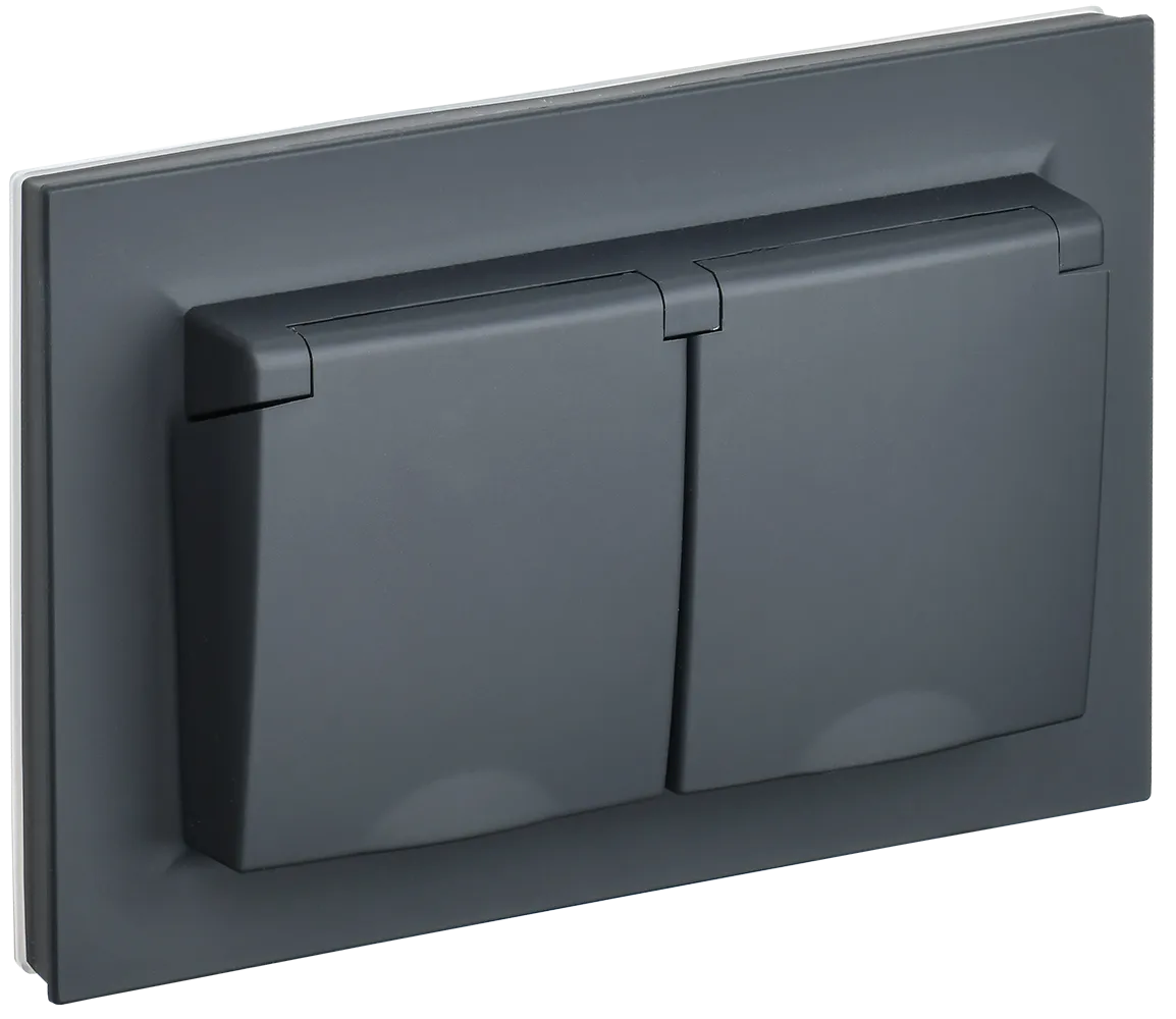 BRITE Розетка 2-местная с заземлением с защитными шторками и крышкой 16А в сборе IP44 РСбш12-3-44-БрГ графит IEK