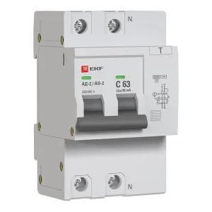 Диф. автомат 2Р 63А 30мА тип АС х-ка C эл. 6кА АД-2 EKF DA2-6-63-30-pro