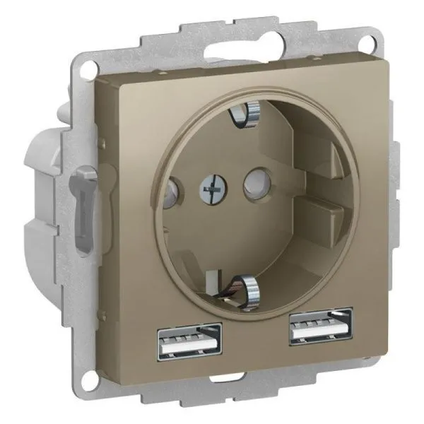 Розетка 3-м СП AtlasDesign 16А IP20 с 2-мя заряд. устройствами  USB тип A+A 5В/2.4А 2х5В/1.2А механиз