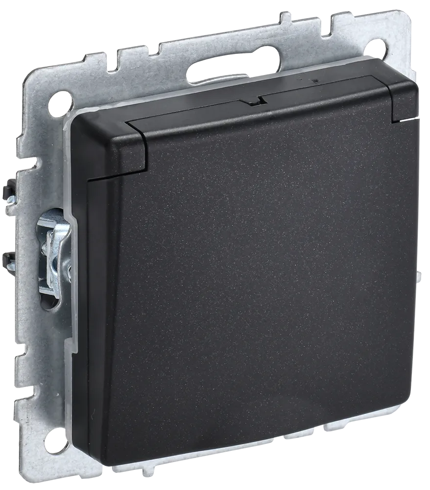 BRITE Розетка 1-местная с заземлением с защитными шторками и крышкой 16А IP44 РСбш10-3-44-БрЧ черный IEK BR-R16-16-44-K02