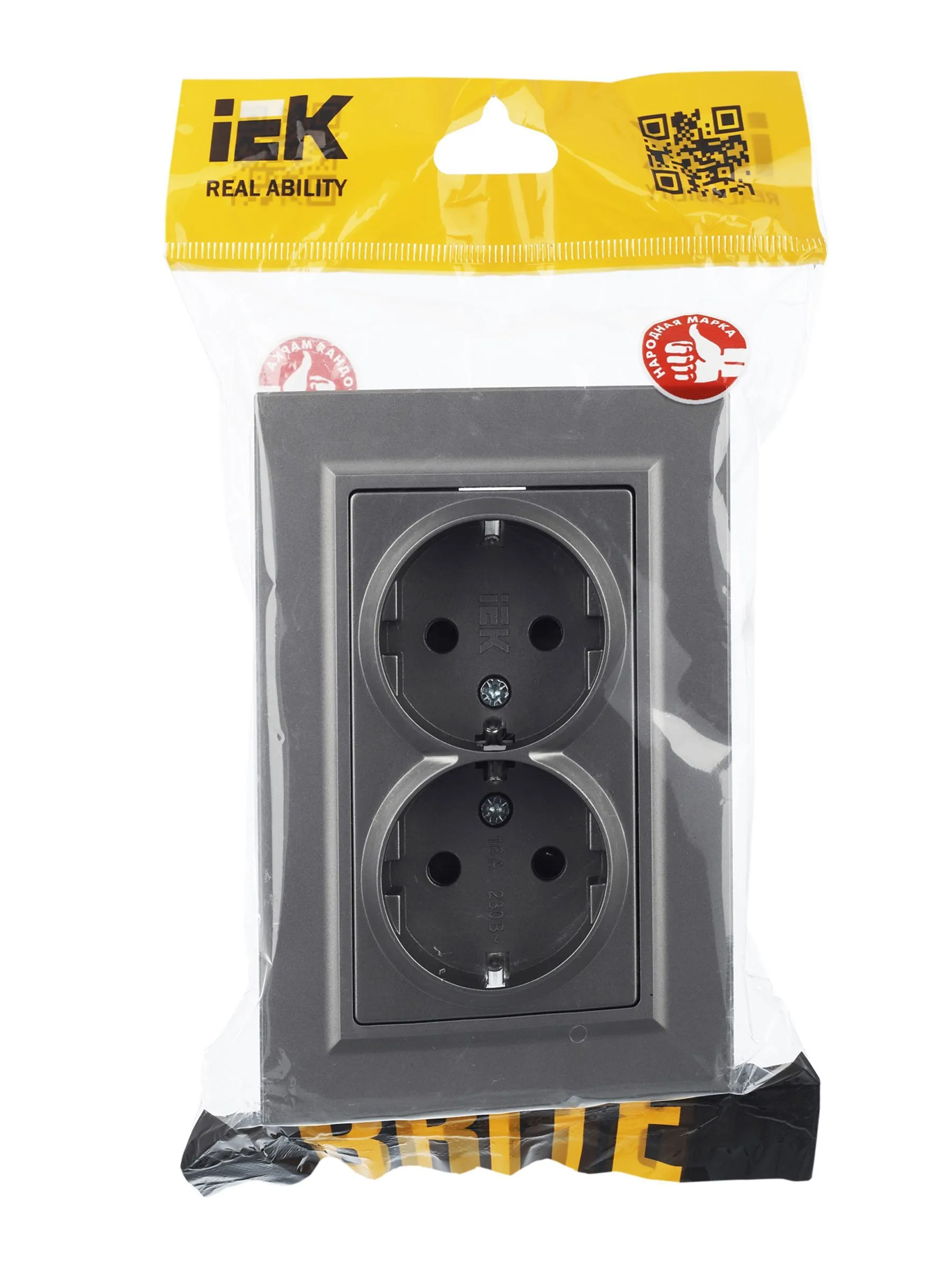 BRITE Розетка 2-местная с заземлением с защитными шторками 16А в сборе РСш12-3-БрС сталь IEK - Фото 3