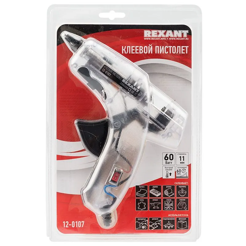 Пистолет клеевой, 60Вт, Ø11мм, ПРОЗРАЧНЫЙ корпус, с кнопкой, блистер REXANT - Фото 3