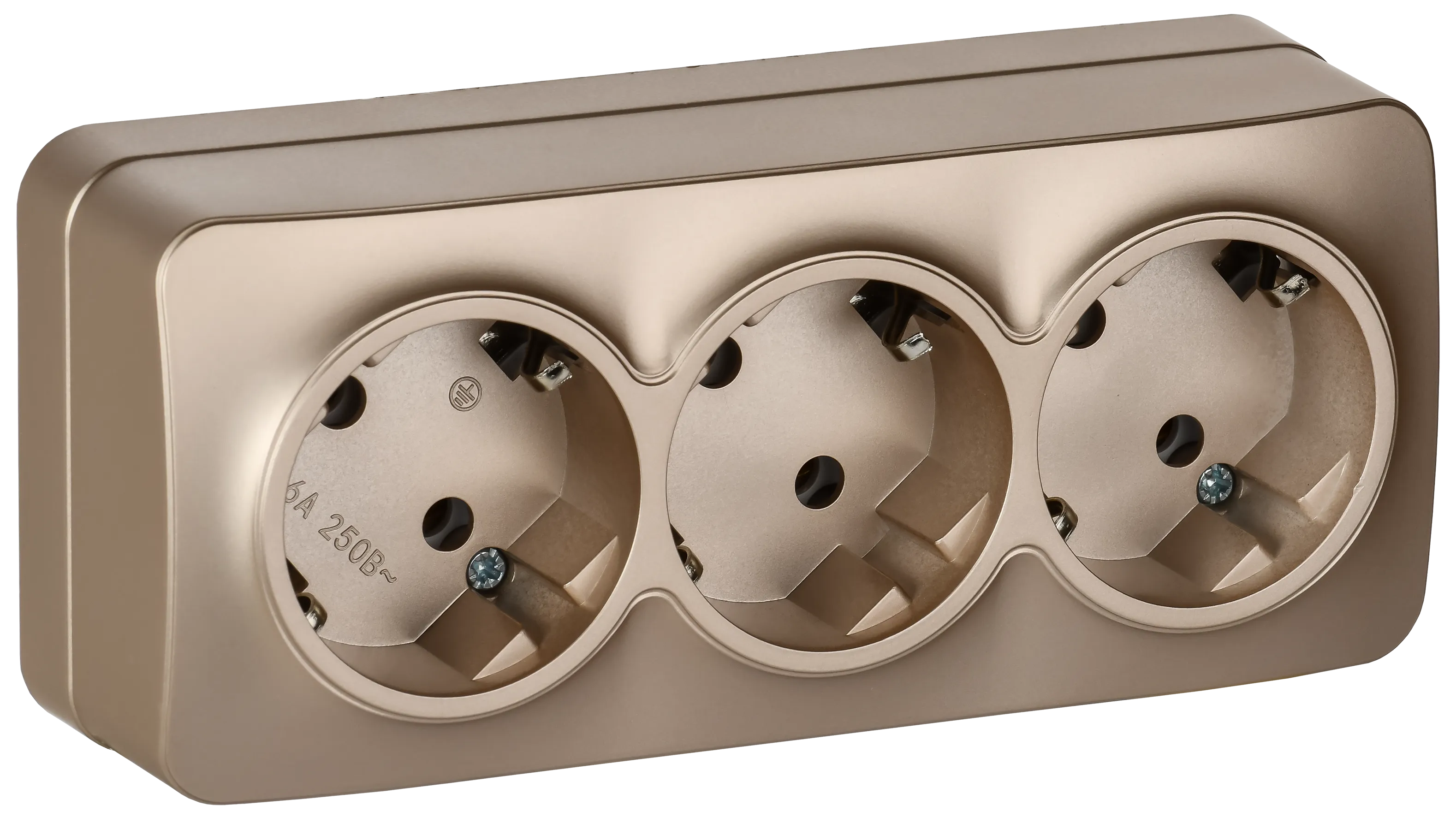 GLORY Розетка 3-местная для открытой установки с заземлением без защитных шторок 16А РС23-3-ХШм шампань матовый IEK