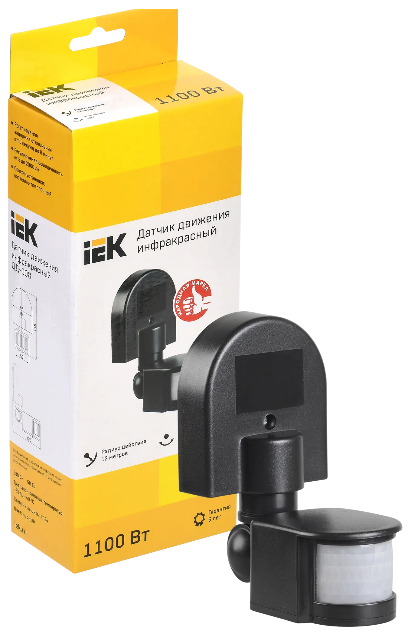 Датчик движения ДД-008 1100Вт 180град 12м IP44 черный IEK - Фото 4