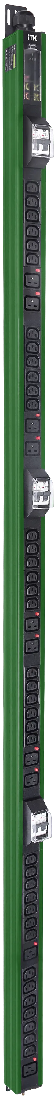 ITK BASE PDU вертикальный PV1113 45U 3 фазы 32А 38 розеток C13 + 10 розеток C19 с клеммной колодкой и кабелем 6м вилка IEC60309 (промышленная) зелёный BS-PV46-38C13-10C19-13-02