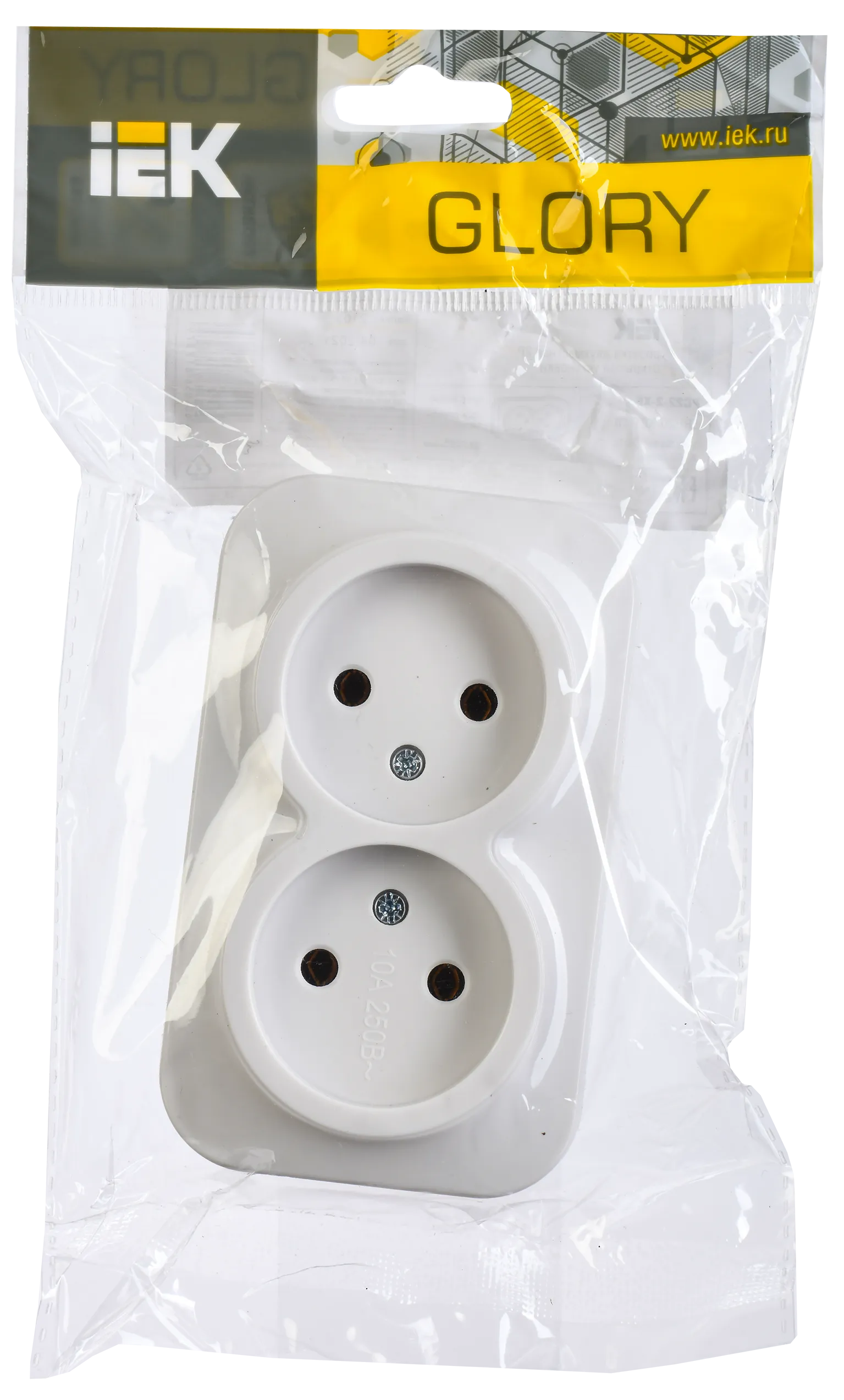 GLORY Розетка 2-местная для открытой установки без заземления без защитных шторок 10А РС22-2-ХБ белый IEK - Фото 2