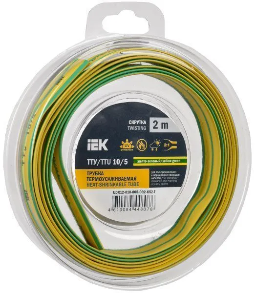 Трубка термоусадочная ТТУ нг-LS 10/5 желто-зеленая (2м/упак) IEK UDR12-010-005-002-K52-T