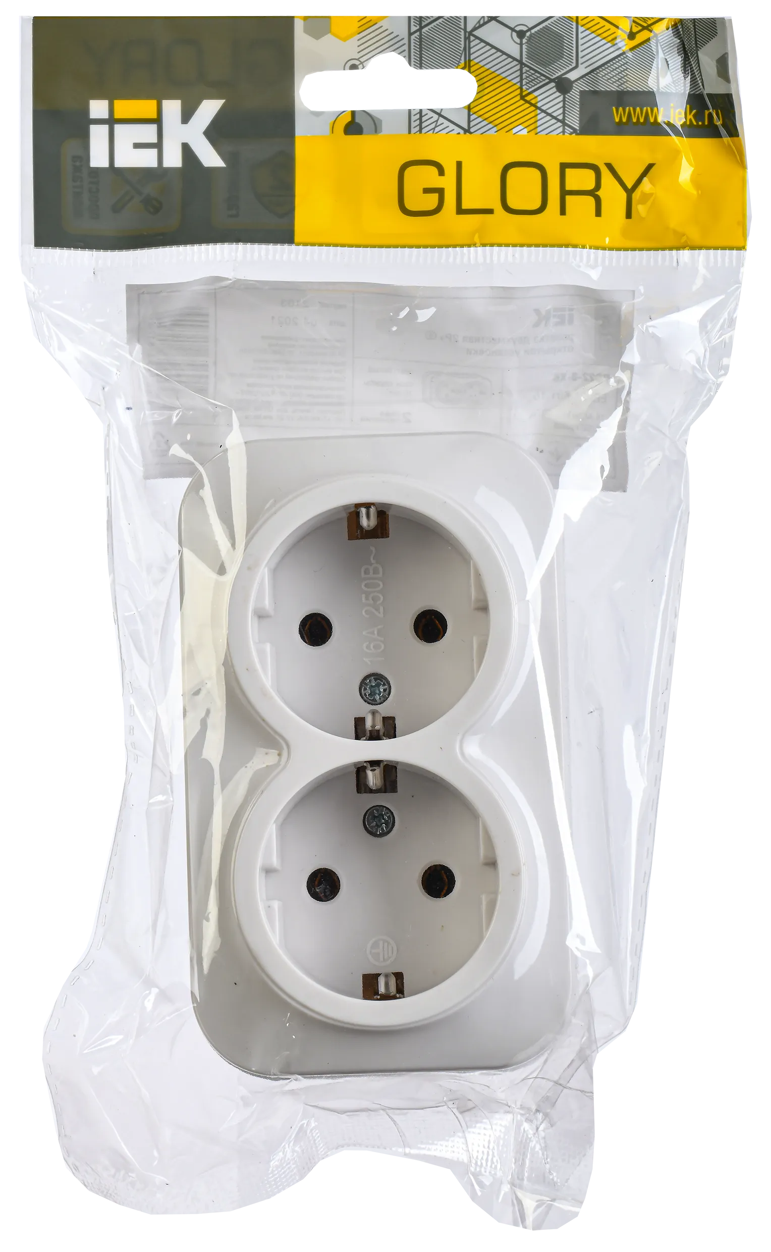 GLORY Розетка 2-местная для открытой установки с заземлением без защитных шторок 16А РС22-3-ХБ белый IEK - Фото 2