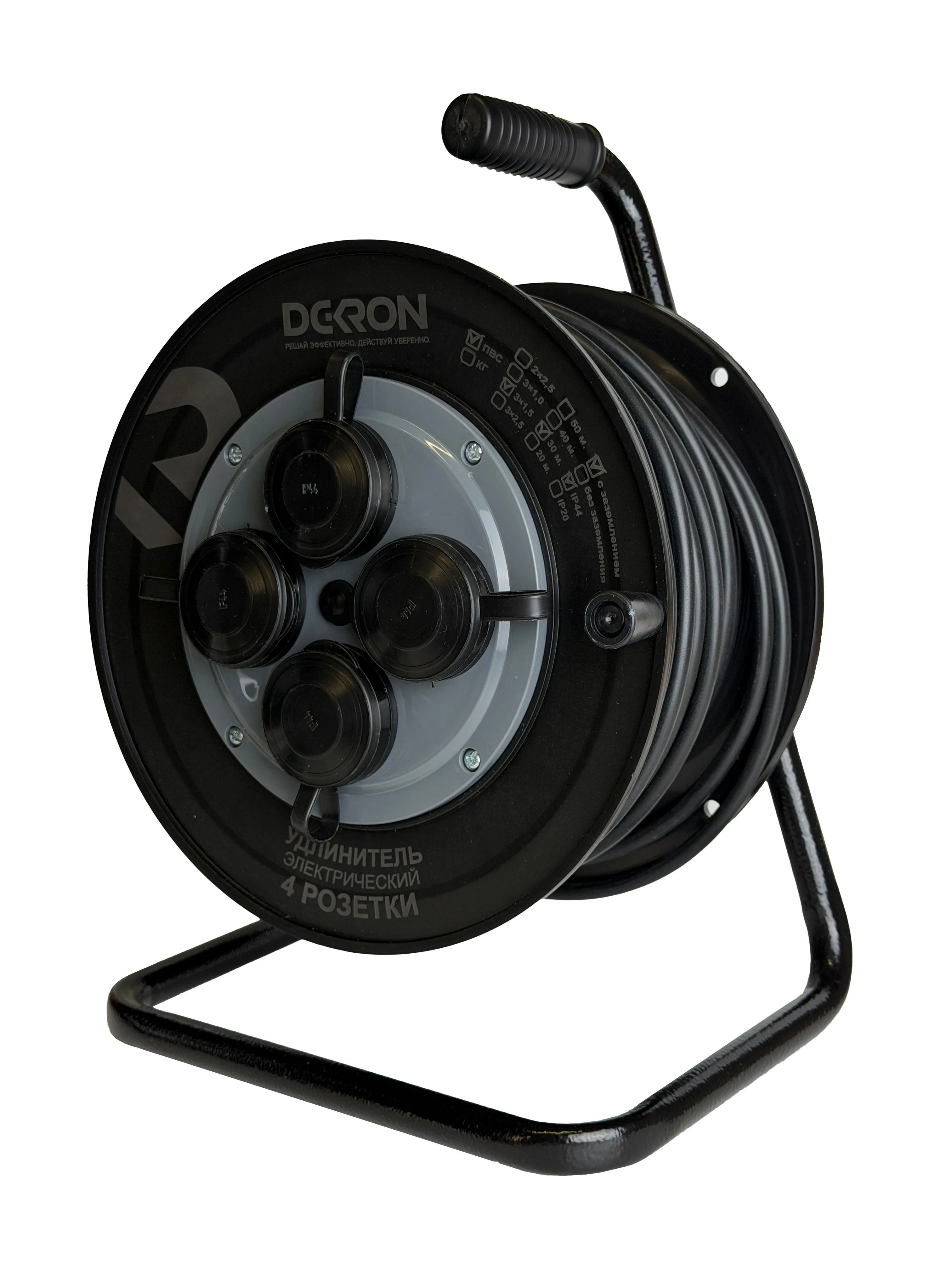 Удлинитель силовой ПВС 3х1,5 30м, на катушке (пластик), 4 гнезда с заземлением и крышками, 30А, IP44 DEKRON - Фото 2