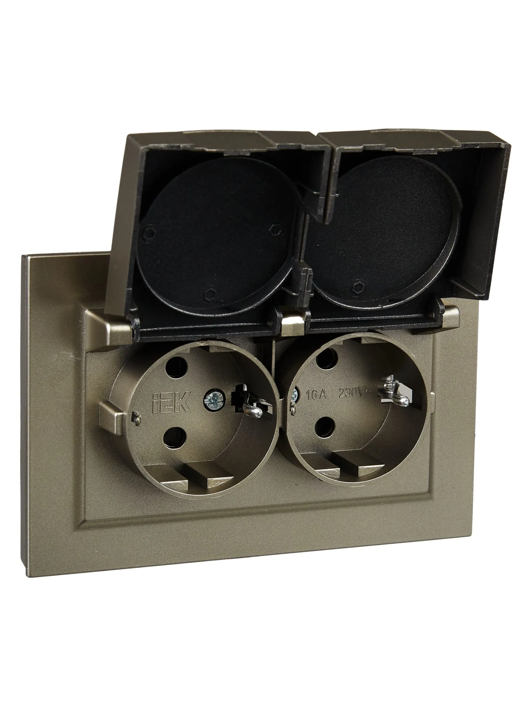 BRITE Розетка 2-местная с заземлением с защитными шторками и крышкой 16А в сборе IP44 РСбш12-3-44-БрШ шампань IEK - Фото 7