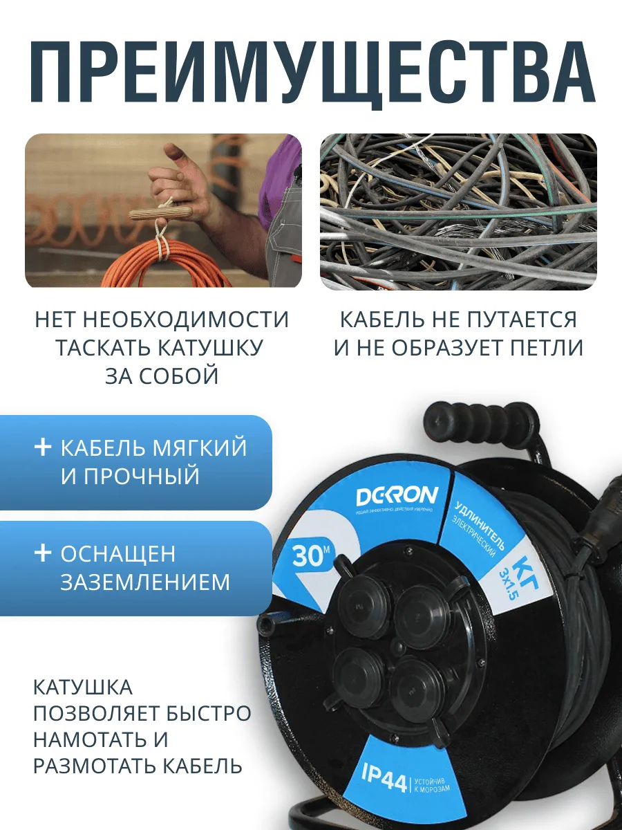 Удлинитель УКМ-44 силовой на катушке 4 гн. КГ-ХЛ 3х1,5 30м IP44 (катушка металл) 16А 3500Вт - Фото 3