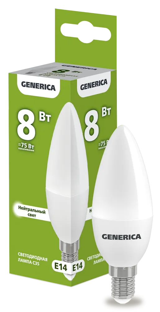 Лампа светодиодная C35 свеча 8Вт 230В 4000К E14 GENERICA