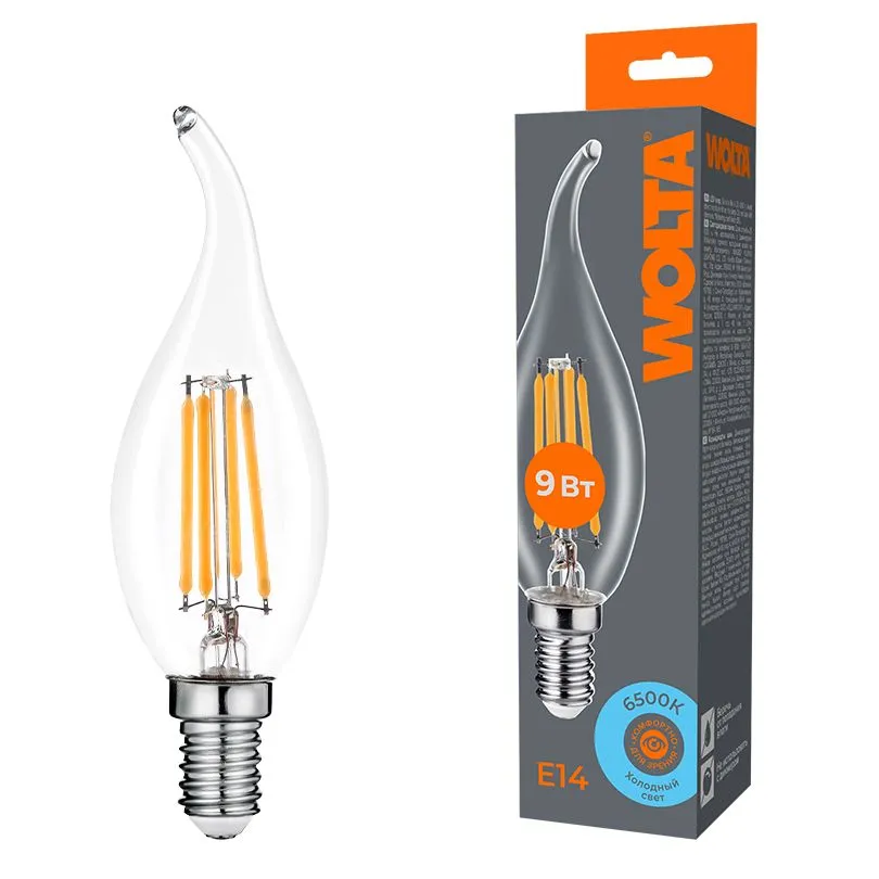 Светодиодная лампа WOLTA Filament, AC 210-240В, 50/60 Гц, прозрачное стекло, "Свеча на ветру", CT35, E14, 9 Вт, 810 лм, 6500 К, 1/10/100