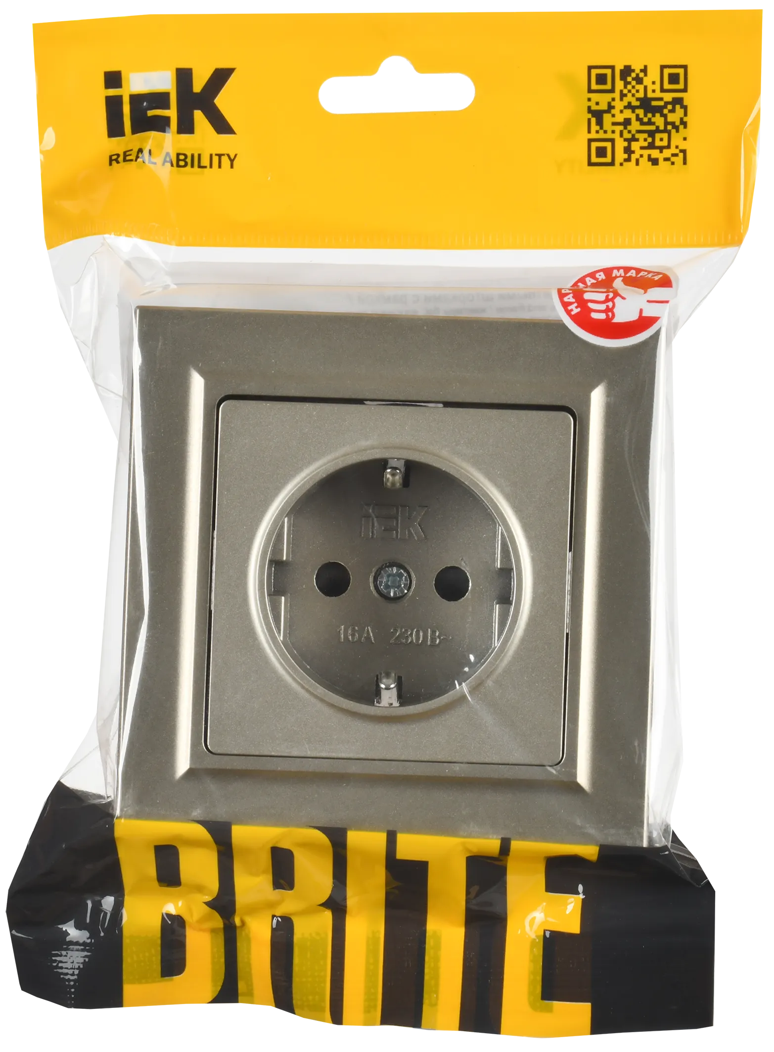 BRITE Розетка 1-местная с заземлением с защитными шторками 16А в сборе РСР14-1-0-БрШ шампань IEK - Фото 2