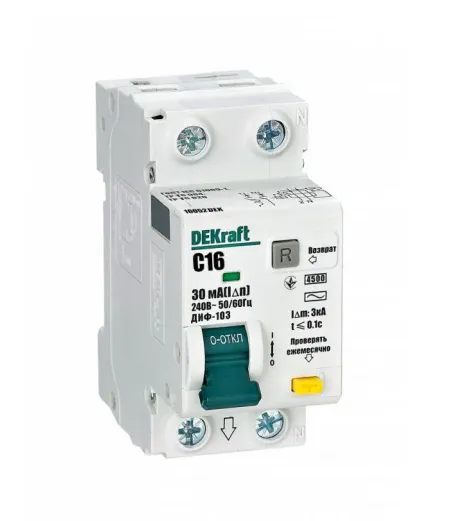 Выключатель автоматический дифференциального тока 2п (1P+N) C 16А 30мА тип AC 4.5кА ДИФ-103 DEKraft 