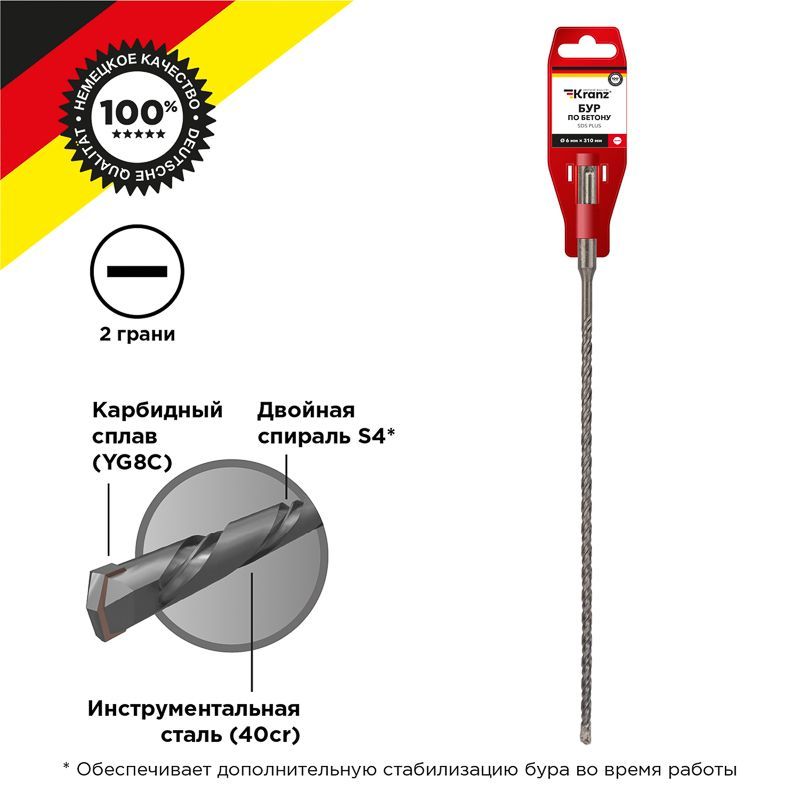 Бур по бетону 6x310x250мм, хвостовик SDS-plus KRANZ KR-91-0037