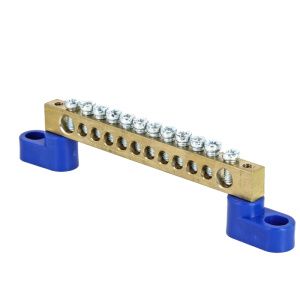 Шина "0" N (8x12мм) 12 отв. латунь 2 синих угловых изолятора EKF sn0-125-12-2
