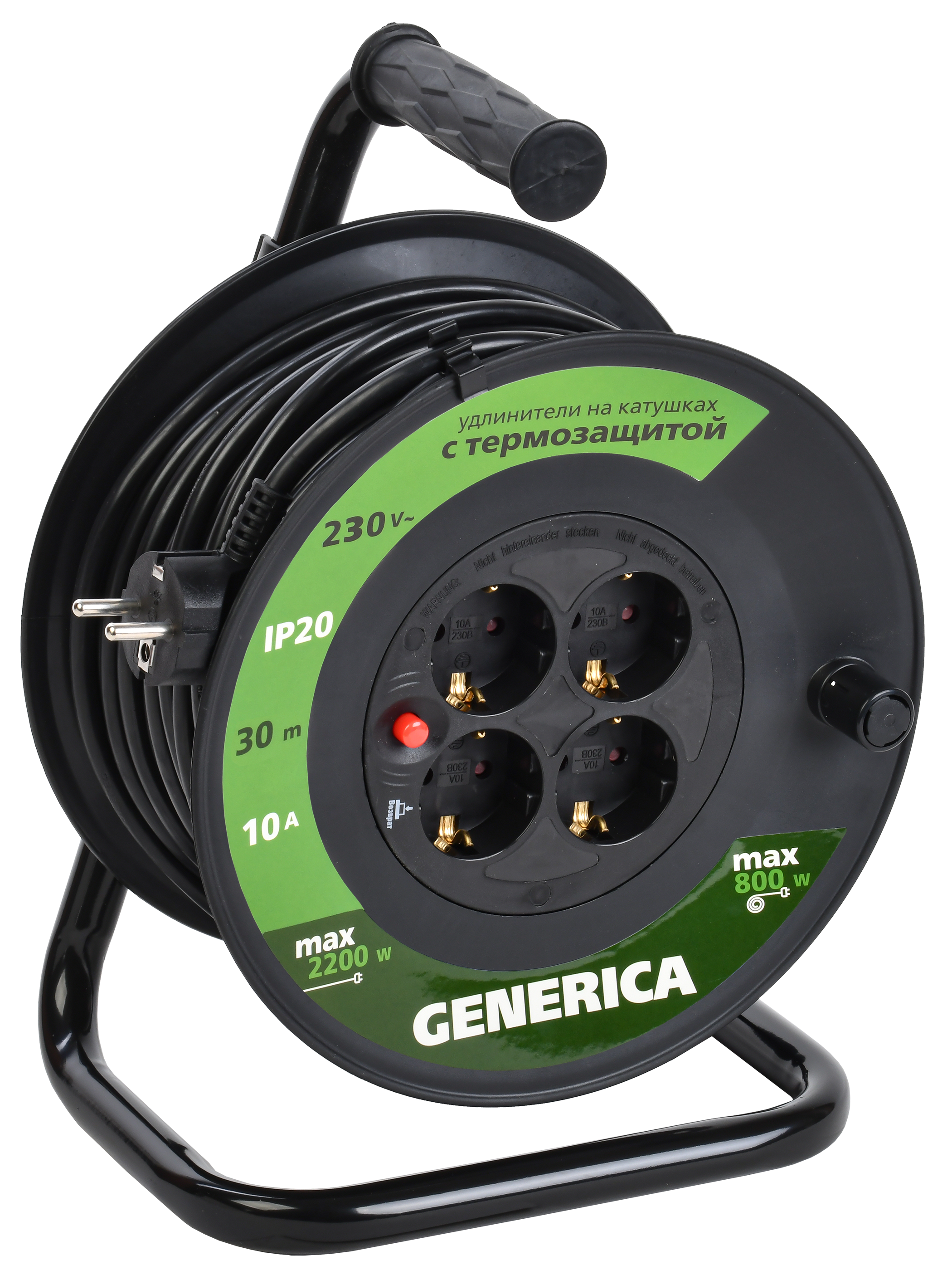 Катушка УК30 с термозащитой 4 места 2P+PE/30м 3х1,0мм2 GENERICA WKP10-10-04-30-G