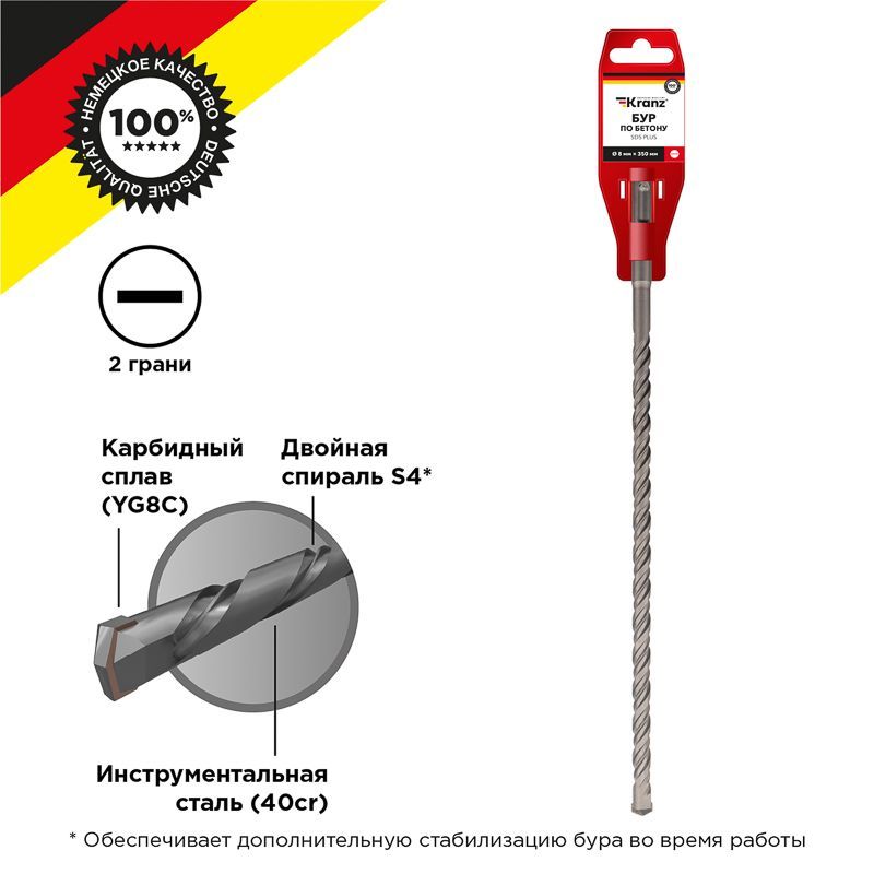 Бур по бетону 8x350x290мм, хвостовик SDS-plus KRANZ KR-91-0833