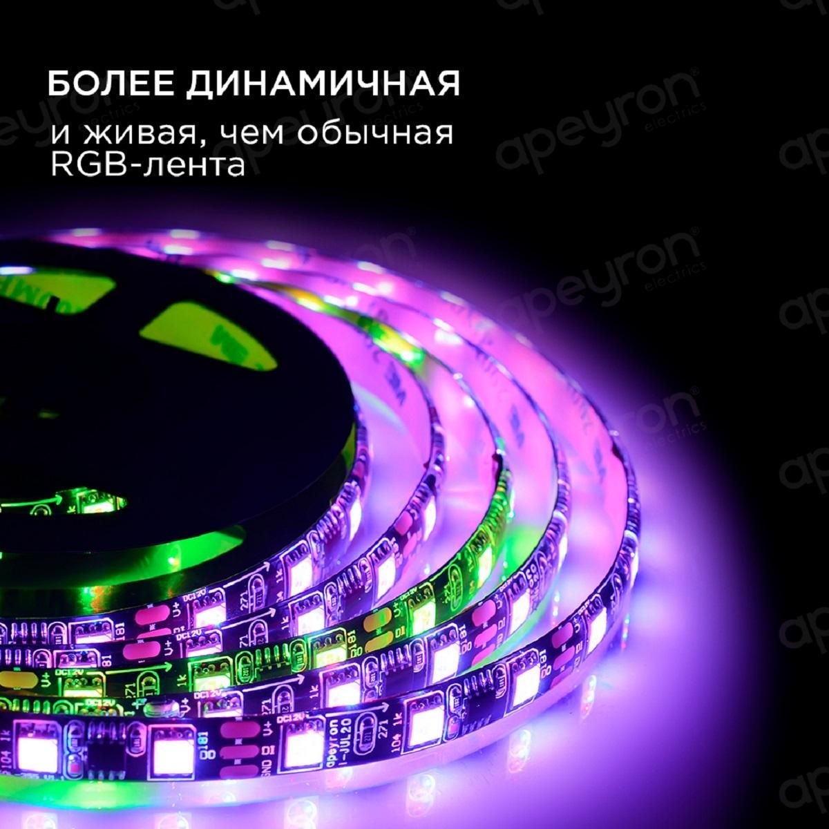 Комплект цифровой светодиодной ленты smd5050 60д/м 12В IP65 5м RGB Apeyron - Фото 4