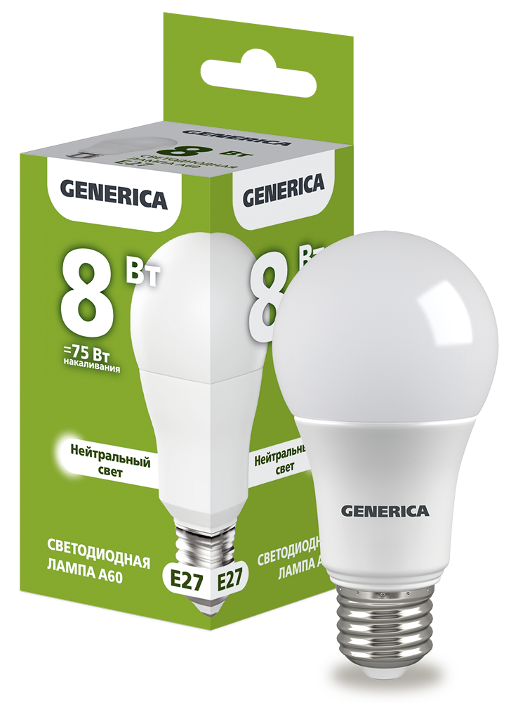 Лампа светодиодная A60 груша 8Вт 230В 4000К E27 GENERICA LL-A60-08-230-40-E27-G