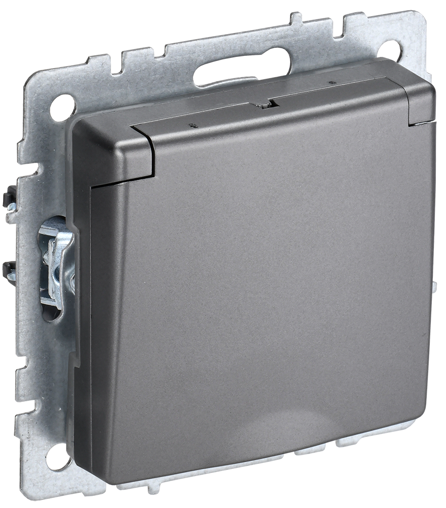 BRITE Розетка 1-местная с заземлением с защитными шторками и крышкой 16А IP20 РСбш10-3-БрС сталь IEK BR-R16-16-K46