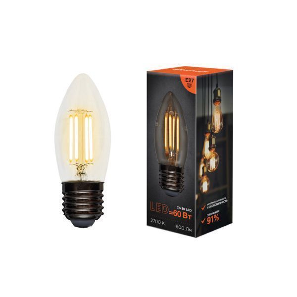 Лампа филаментная Свеча CN35 7,5Вт 600Лм 2700K E27 прозрачная колба REXANT - Фото 2