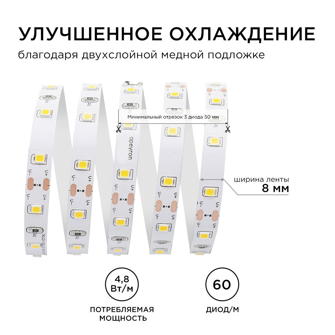 Лента светодиодная СТ smd3528 60д/м 12В 4000К IP20 5м Apeyron - Фото 5