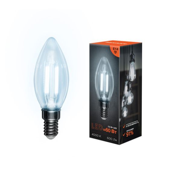 Лампа филаментная Свеча CN35 7,5Вт 600Лм 4000K E14 прозрачная колба REXANT - Фото 3