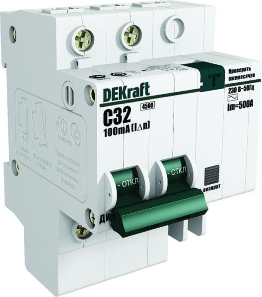 Выключатель автоматический дифференциального тока 2п (1P+N) C 63А 30мА тип AC ДИФ-101 со встроен. защит. от сверхтоков DEKraft 15163DEK