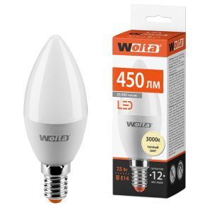 Лампа светодиодная "Свеча-C37" 7.5Вт 450лм 3000К Е14 (50шт/уп) WOLTA 25YC7.5E14