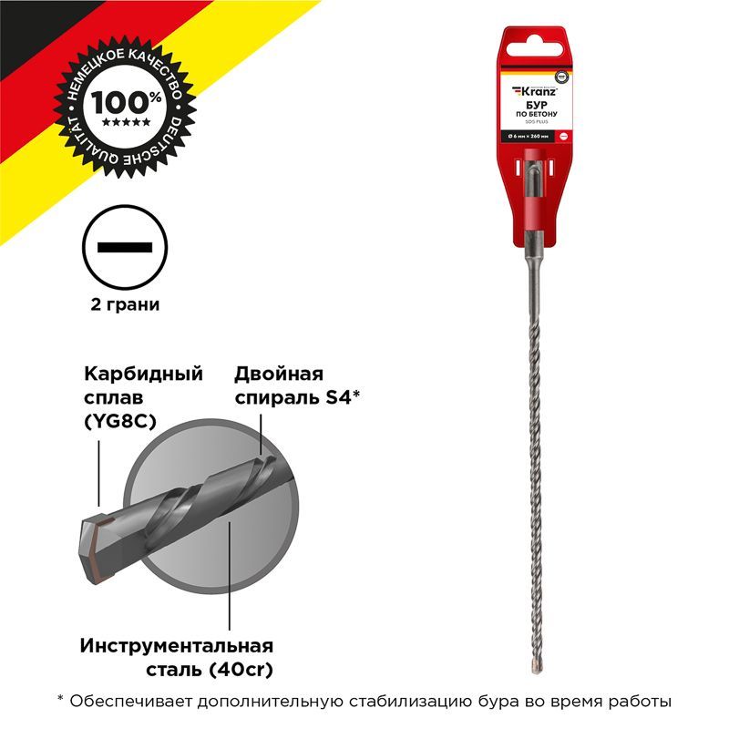 Бур по бетону 6x260x200мм, хвостовик SDS-plus KRANZ KR-91-0813