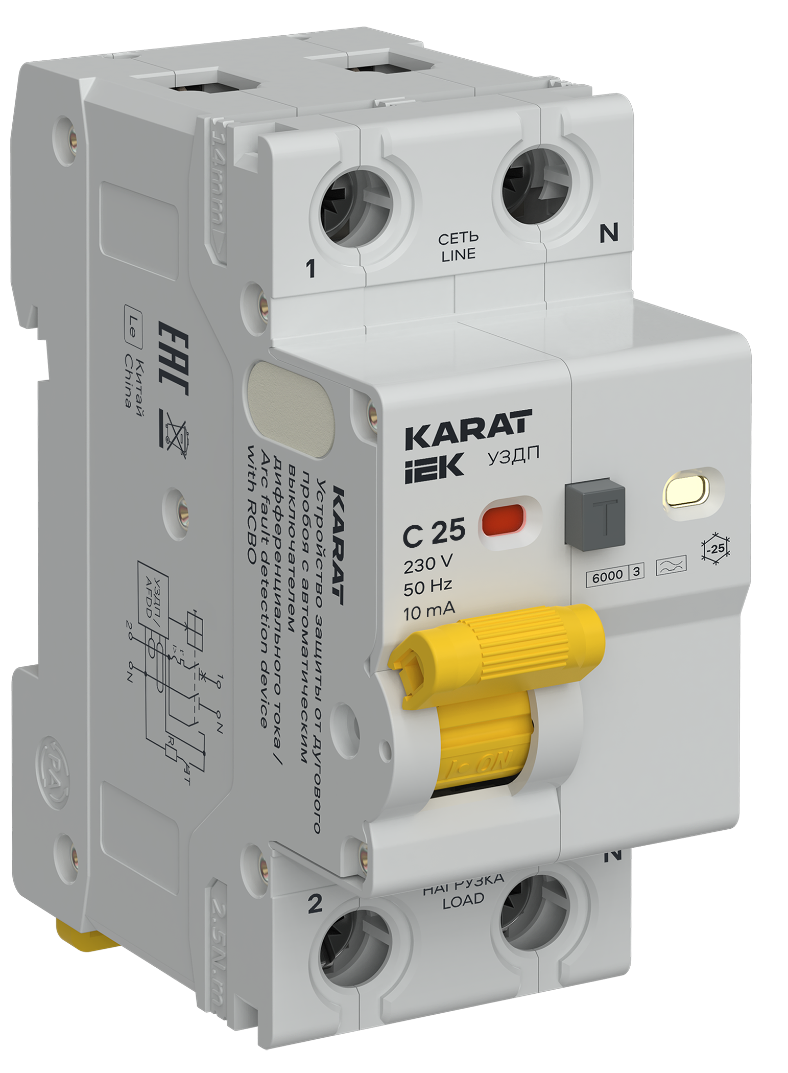 KARAT Устройство защиты от дугового пробоя с выключателем автоматическим дифференциального тока 1P+N C 25А 10мА тип A IEK KA-DP12-1-025-C-010-A