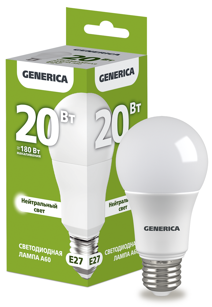 Лампа светодиодная A60 груша 20Вт 230В 4000К E27 GENERICA
