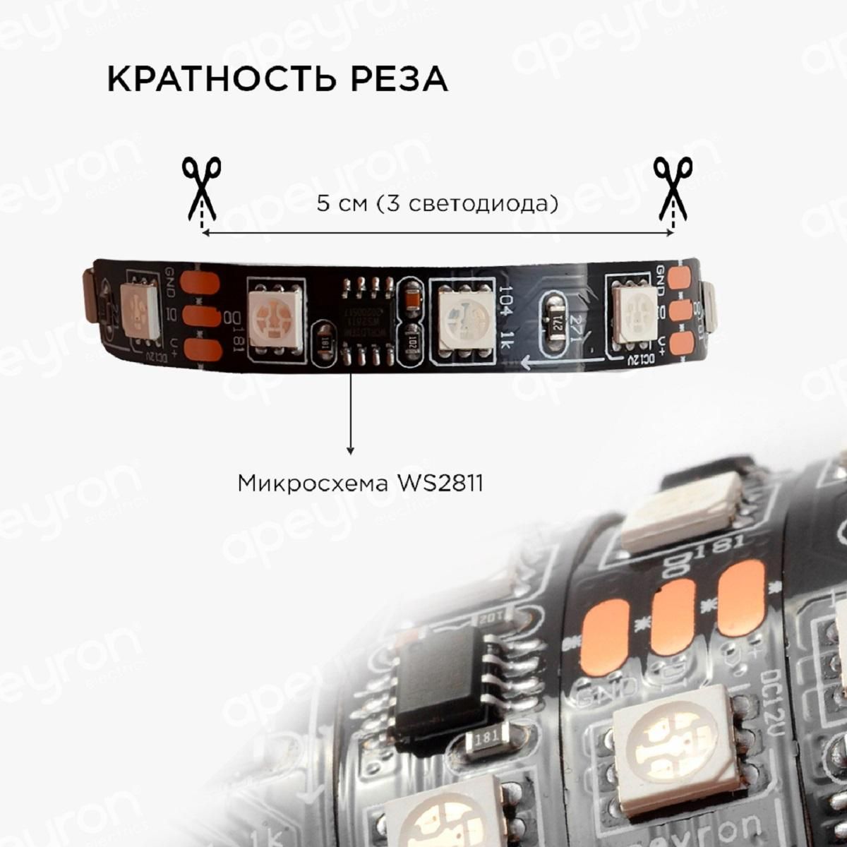 Комплект цифровой светодиодной ленты smd5050 60д/м 12В IP65 5м RGB Apeyron - Фото 11