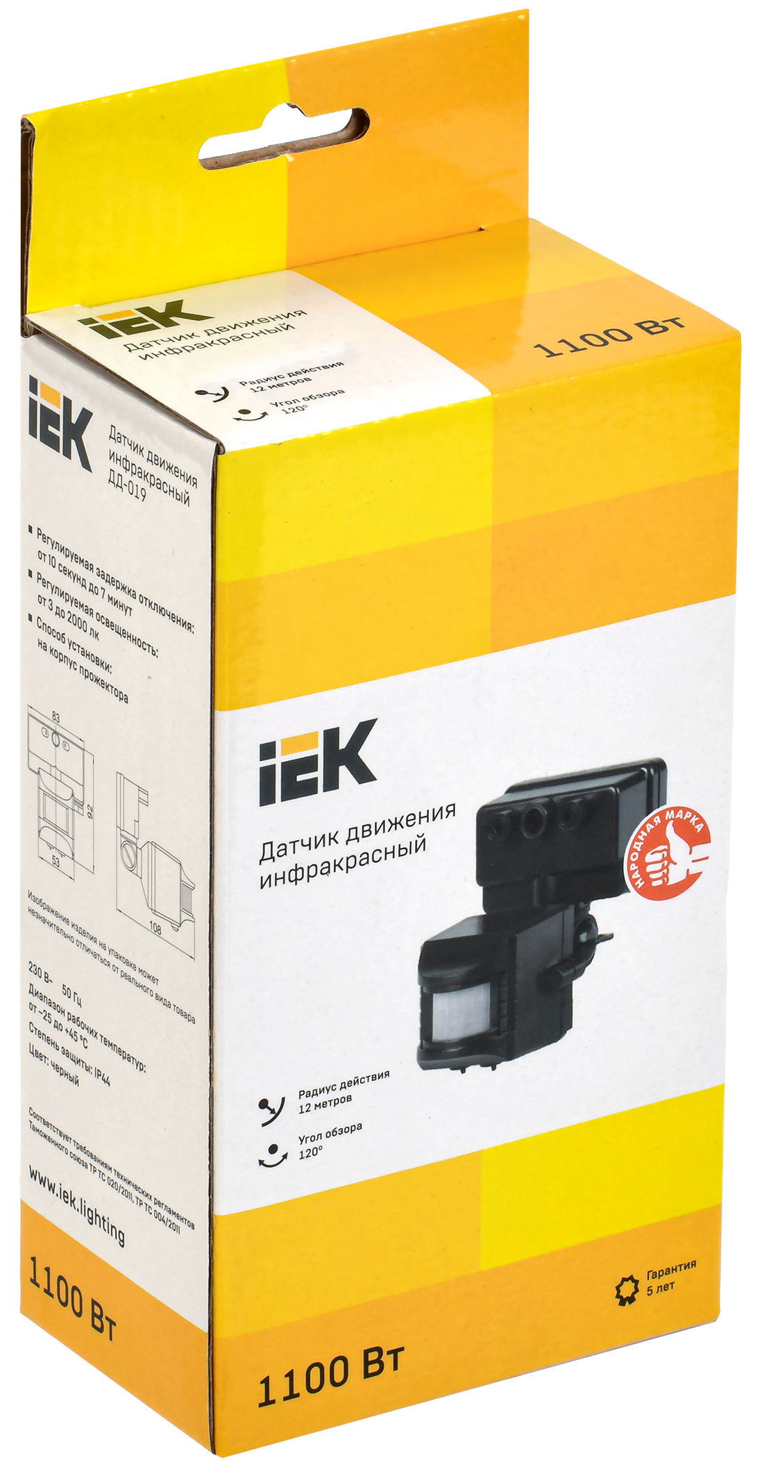 Датчик движения ДД-019 1100Вт 120град 12м IP44 черный IEK - Фото 2
