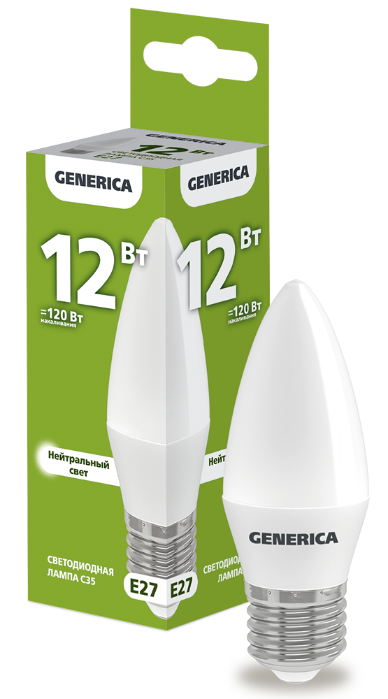Лампа светодиодная C35 свеча 12Вт 230В 4000К E27 GENERICA