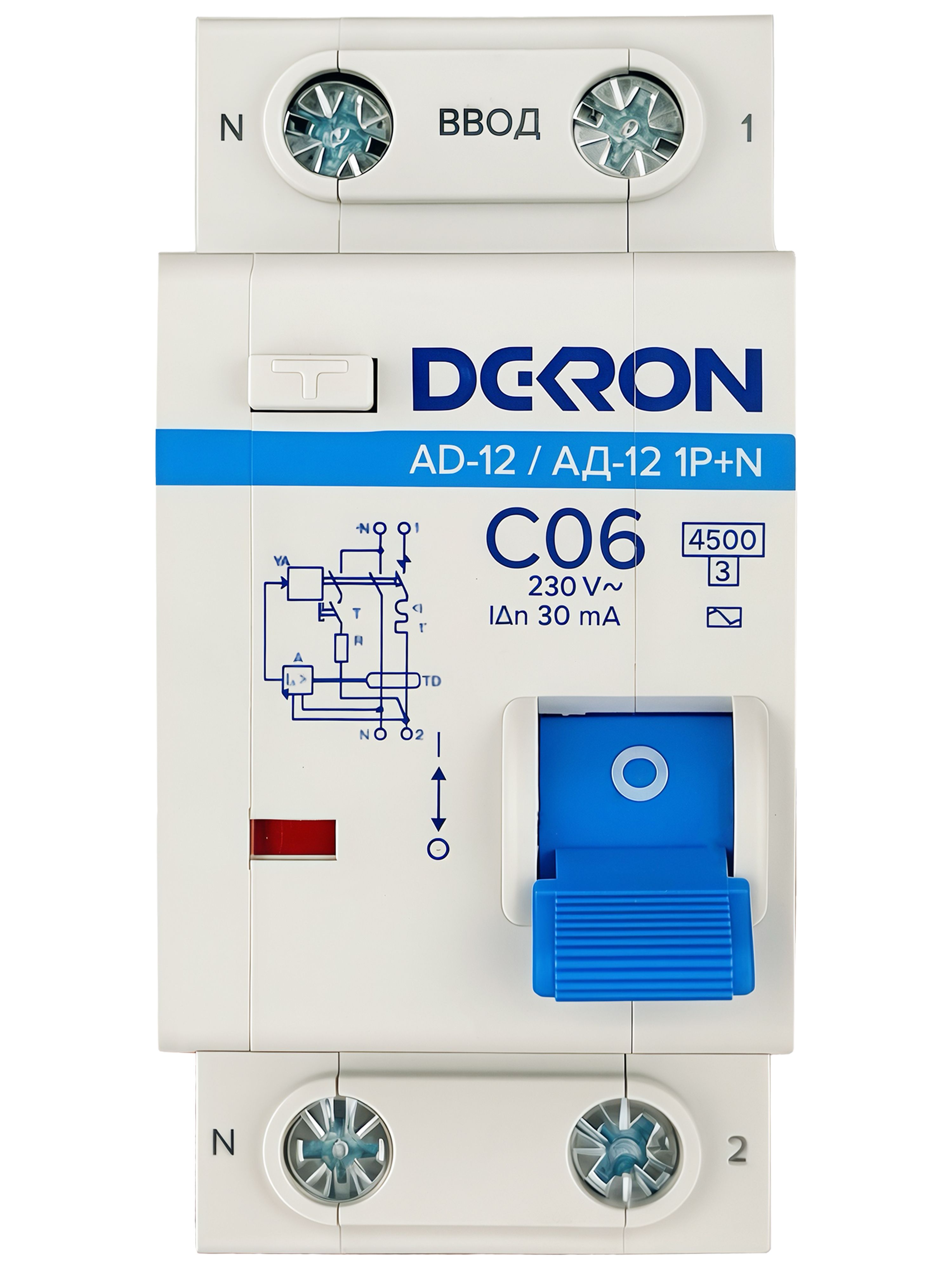 Автоматический выключатель дифференциального тока АД12 1P+N С06A АС30мА 4.5KA ad12-2-C06-30AC-dek