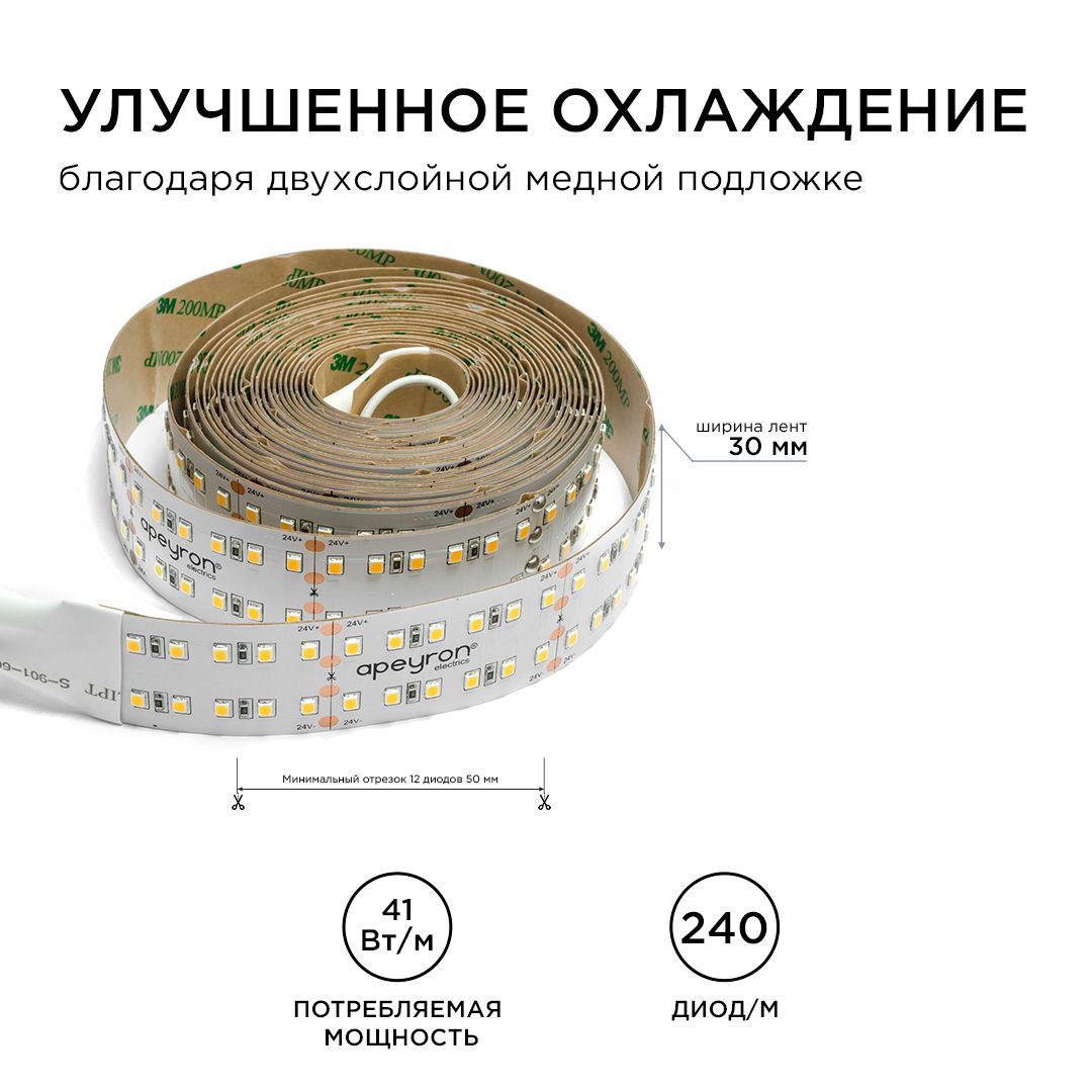 Лента светодиодная ПРО smd2835 42Вт/м 240д/м 24В 4000К IP20 5м Apeyron - Фото 5