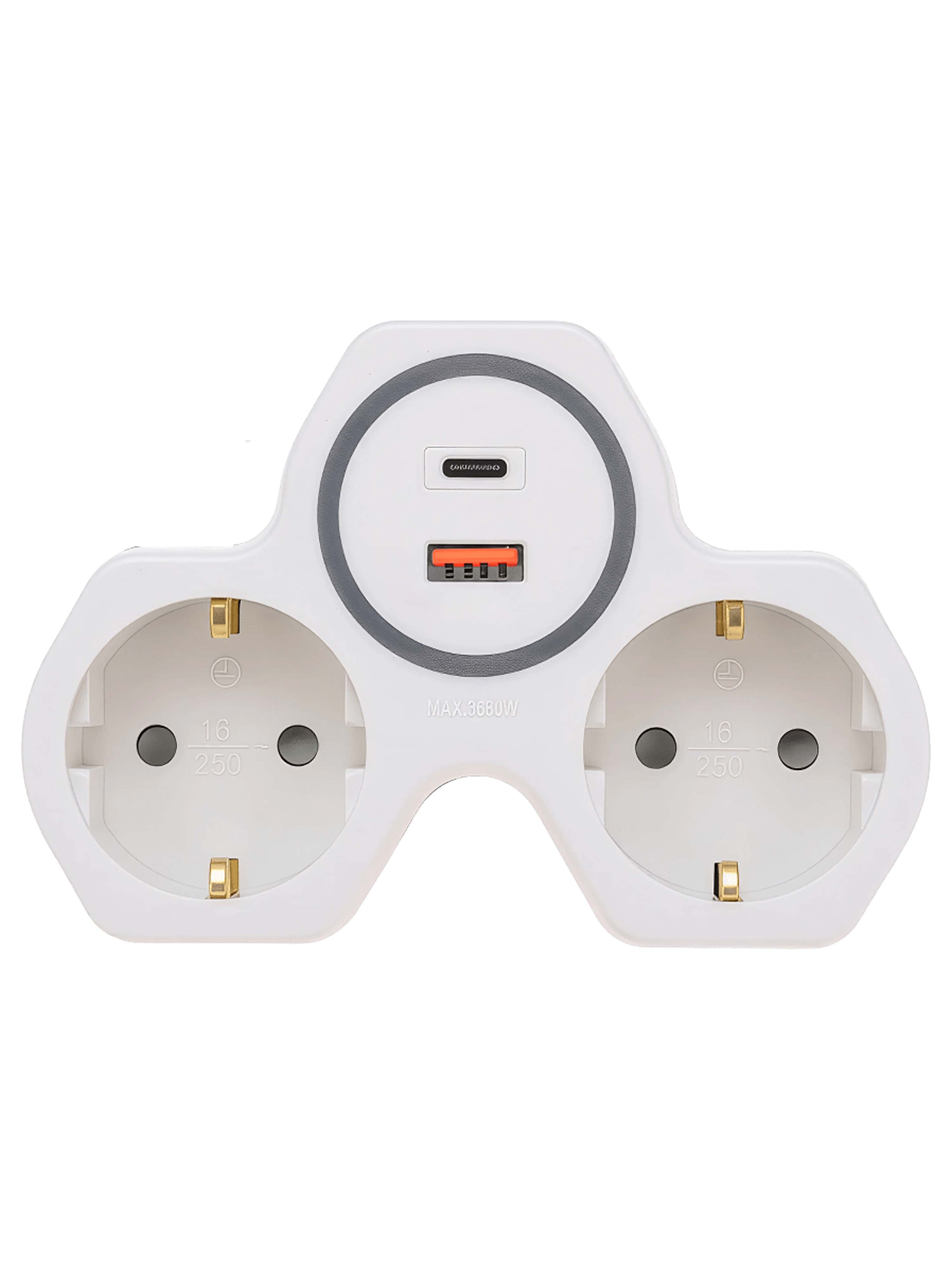 Сетевой разветвитель 2 гнезда с/з, с защитными шторками, 16A, 250V + 2 USB A+C, PD20W, QC18W, белый DEKRON DEK09204-0002