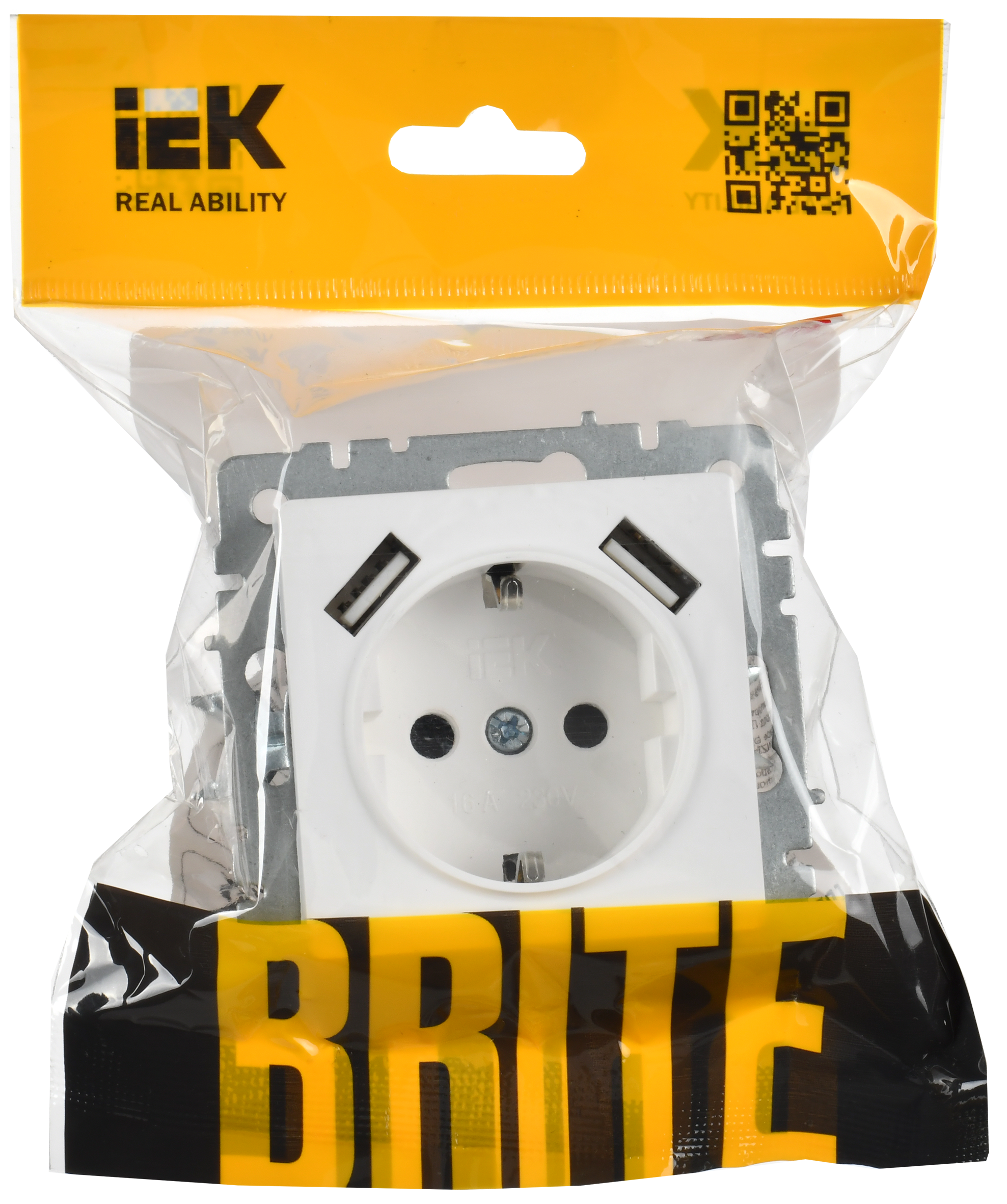 BRITE Розетка 1-местная с заземлением с защитными шторками 16А с USB A+A 5В 3,1А РЮш10-2-БрАБ арктический белый IEK - Фото 2