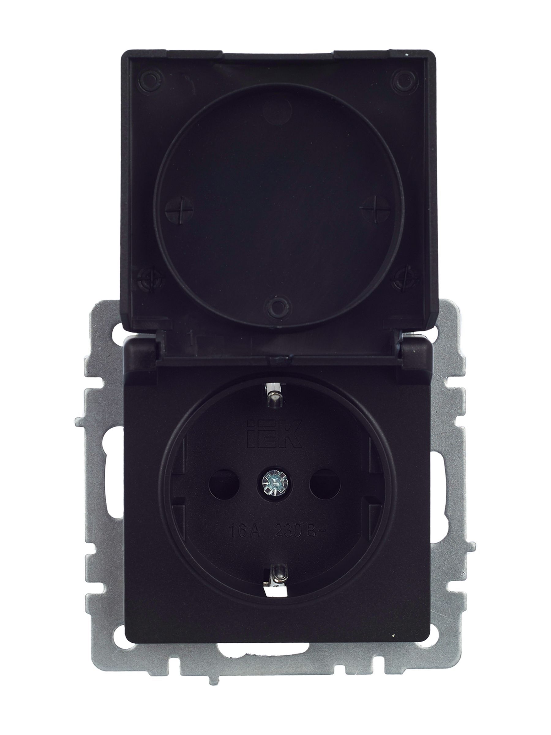 BRITE Розетка 1-местная с заземлением с защитными шторками и крышкой 16А IP44 РСбш10-3-44-БрЧ черный IEK - Фото 4