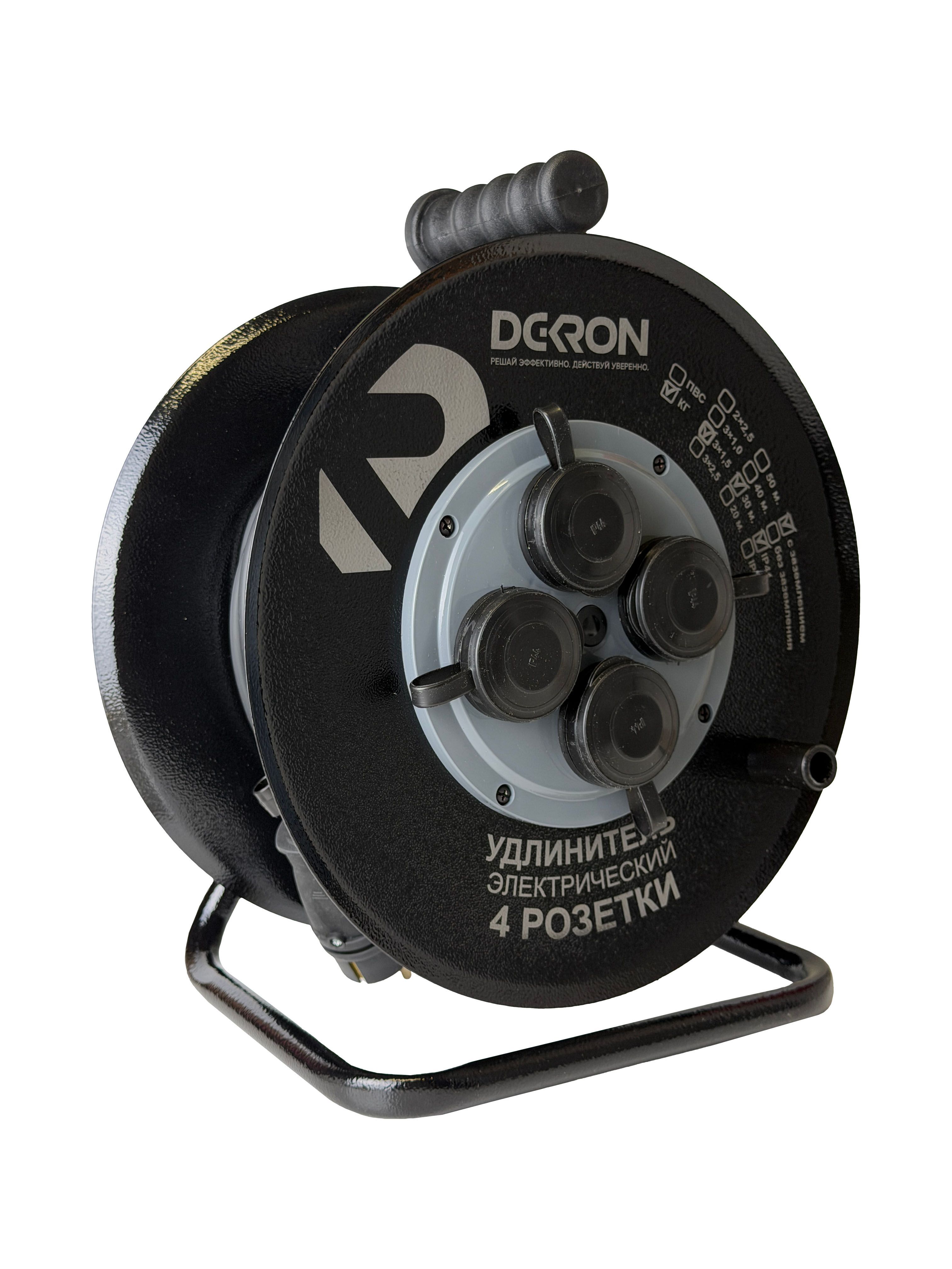 Удлинитель силовой КГ 3х1,5 30м, на катушке (металл), 4 гнезда с заземлением и крышками, 16А, IP44 DEKRON DEK0906-0002